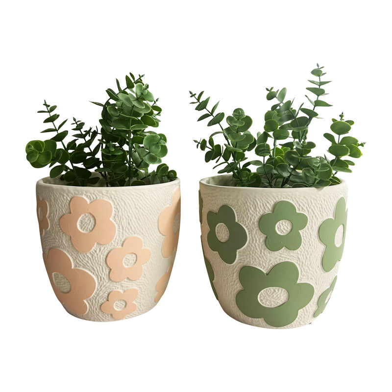 Set of 2 Assorted Pastel Flower Planters - 17x17x16cms