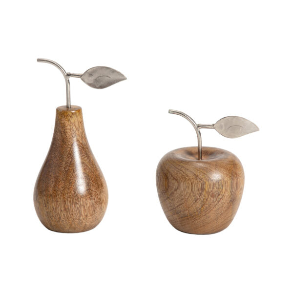 Set of 2 Asst Handcrafted Apple & Pear with Antique Silver Leaf 12.5cms