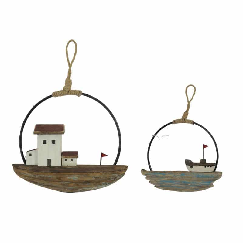 Set of 2 Asst Handcrafted Round Boat/Beach Wall Art - 28x2x20cms