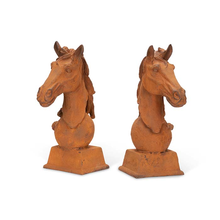 Set of 2 Cast Iron Horses Head Outdoor Statue