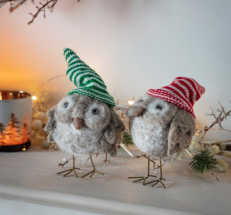 Set of 2 Frosty Feathered Owl Friends with Hats