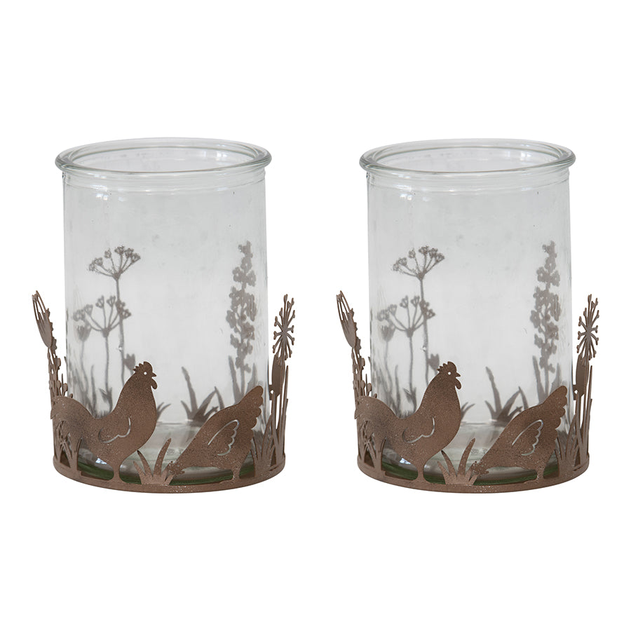 Set of 2 Glass Candleholders in Low Rust Base with Chooks