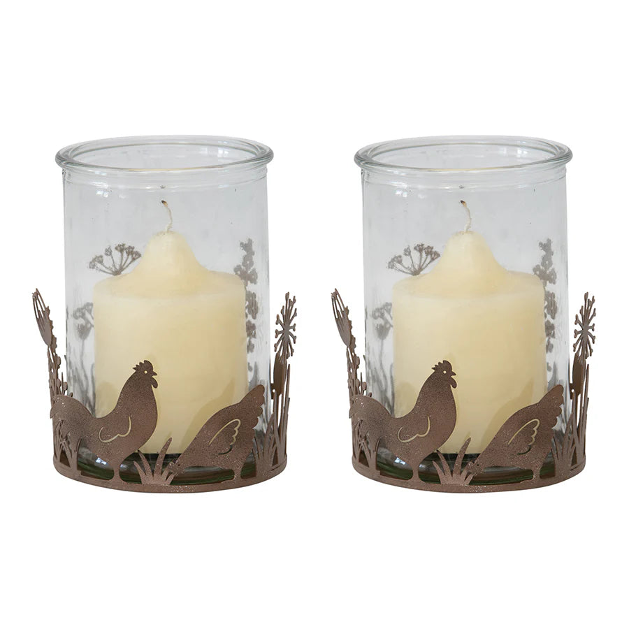 Set of 2 Glass Candleholders in Low Rust Base with Chooks