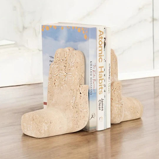 Set of 2 Hand-Shaped Marble Bookends - Travertine