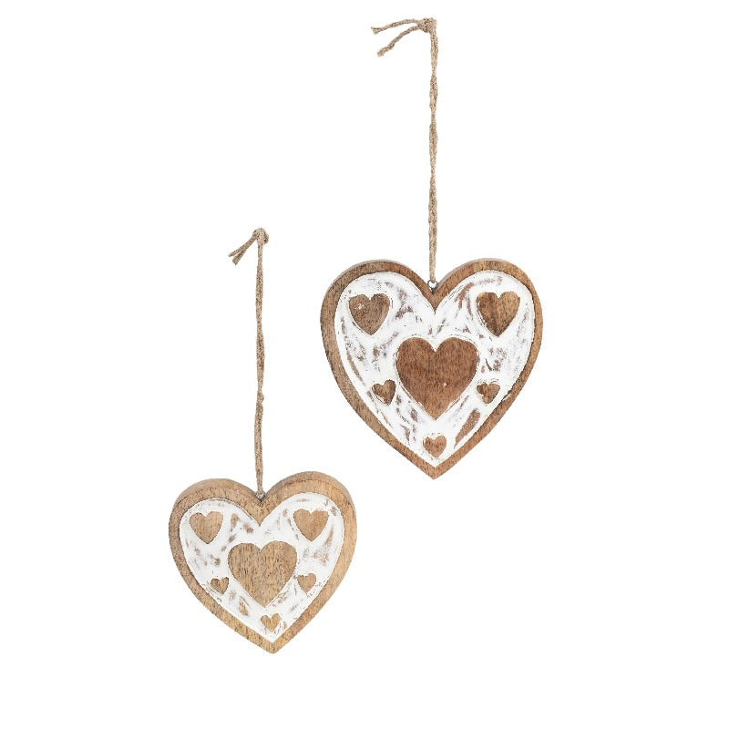 Set of 2 Nested Handcrafted Hanging Whitewash Hearts