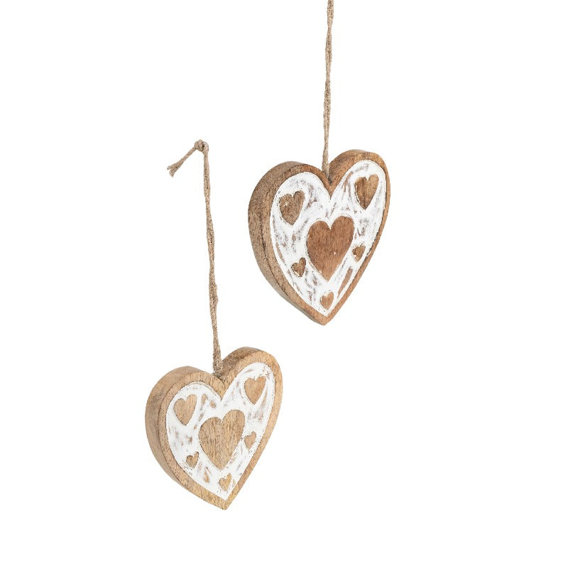 Set of 2 Nested Handcrafted Hanging Whitewash Hearts