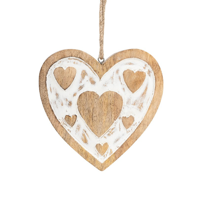 Set of 2 Nested Handcrafted Hanging Whitewash Hearts