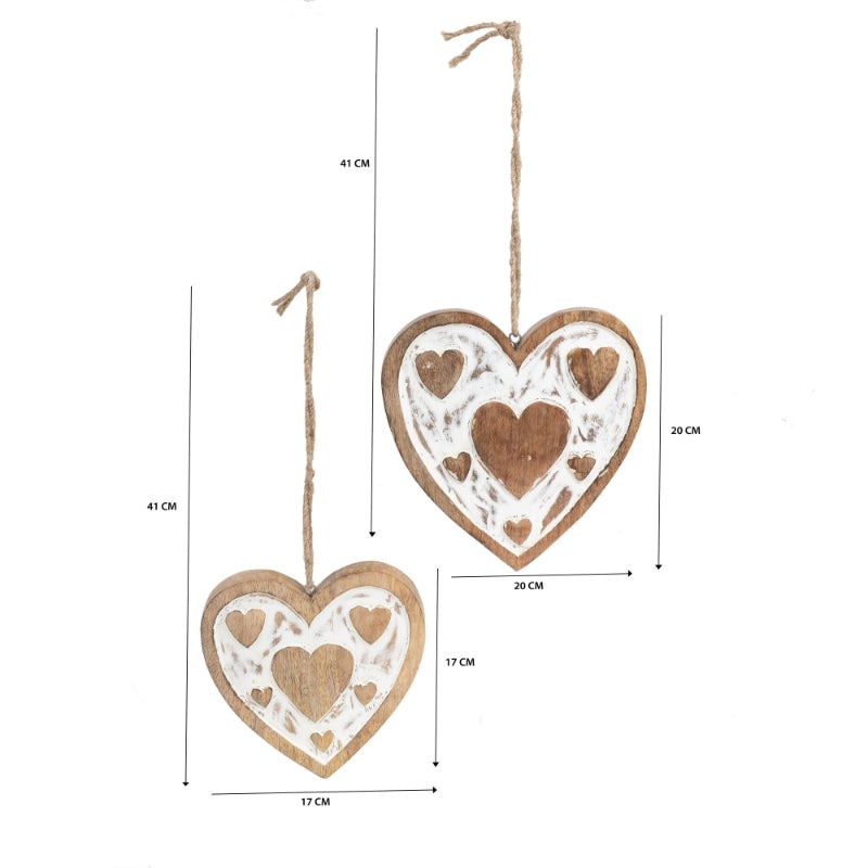 Set of 2 Nested Handcrafted Hanging Whitewash Hearts