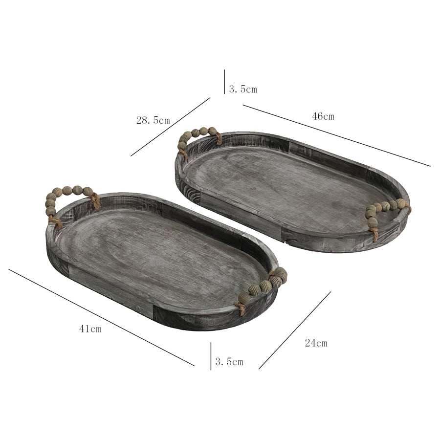 Set of 2 Nested Rustic Oval Trays with Handles