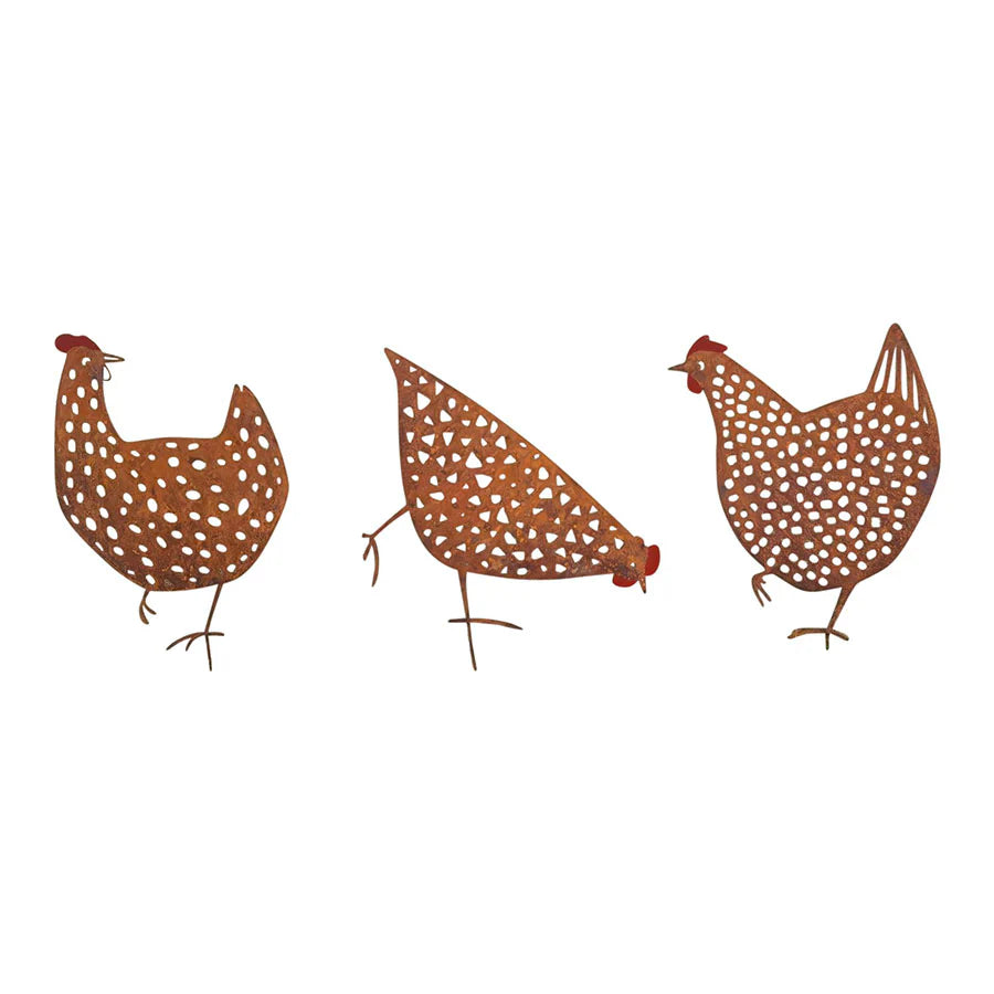 Set of 3 Asst Rust Chook Family Garden Stakes - 19x0.6x35cms