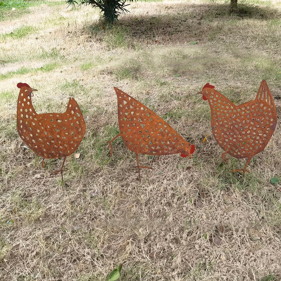 Set of 3 Asst Rust Chook Family Garden Stakes - 19x0.6x35cms