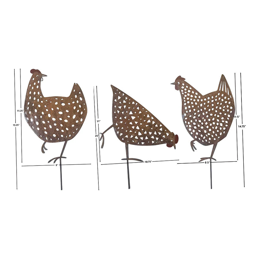 Set of 3 Asst Rust Chook Family Garden Stakes - 19x0.6x35cms