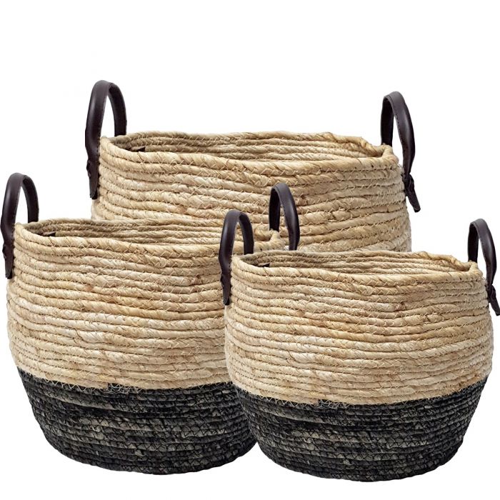 Set of 3 Hemsley rounded storage hampers with Handles - Natural & Black