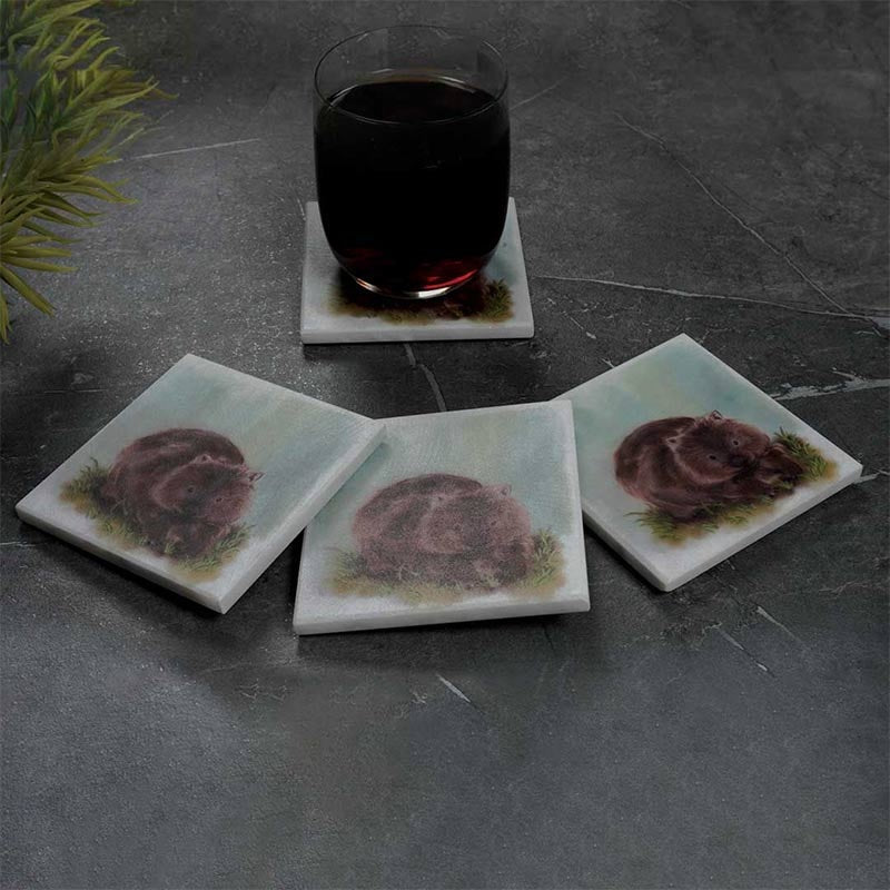 Set of 4 Australian Wildlife Marble Coasters - Wombat