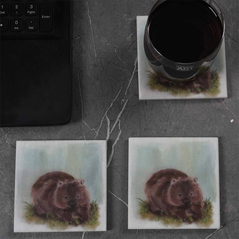 Set of 4 Australian Wildlife Marble Coasters - Wombat