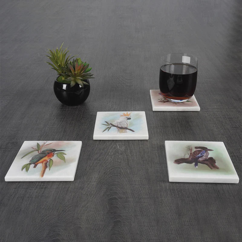 Set of 4 Square Assorted Australian Birds Marble Coasters