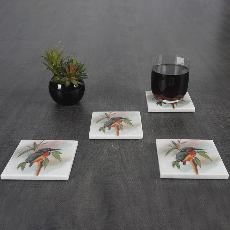 Set of 4 Square Australian Birds Marble Coasters - Kingfisher