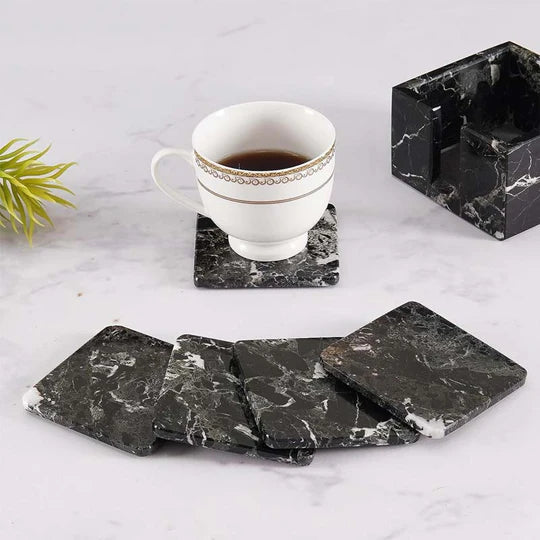 Sleek Marble Square Coaster Set - Black