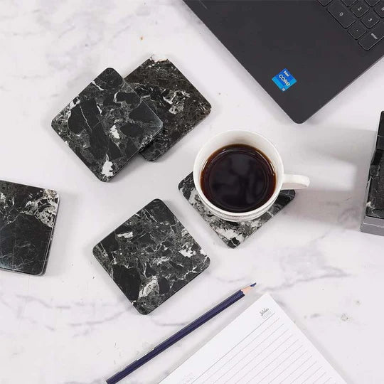 Sleek Marble Square Coaster Set - Black