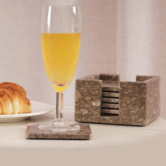 Sleek Marble Square Coaster Set - Brown