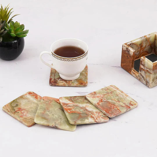 Sleek Marble Square Coaster Set - Green