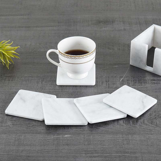 Sleek Marble Square Coaster Set - White