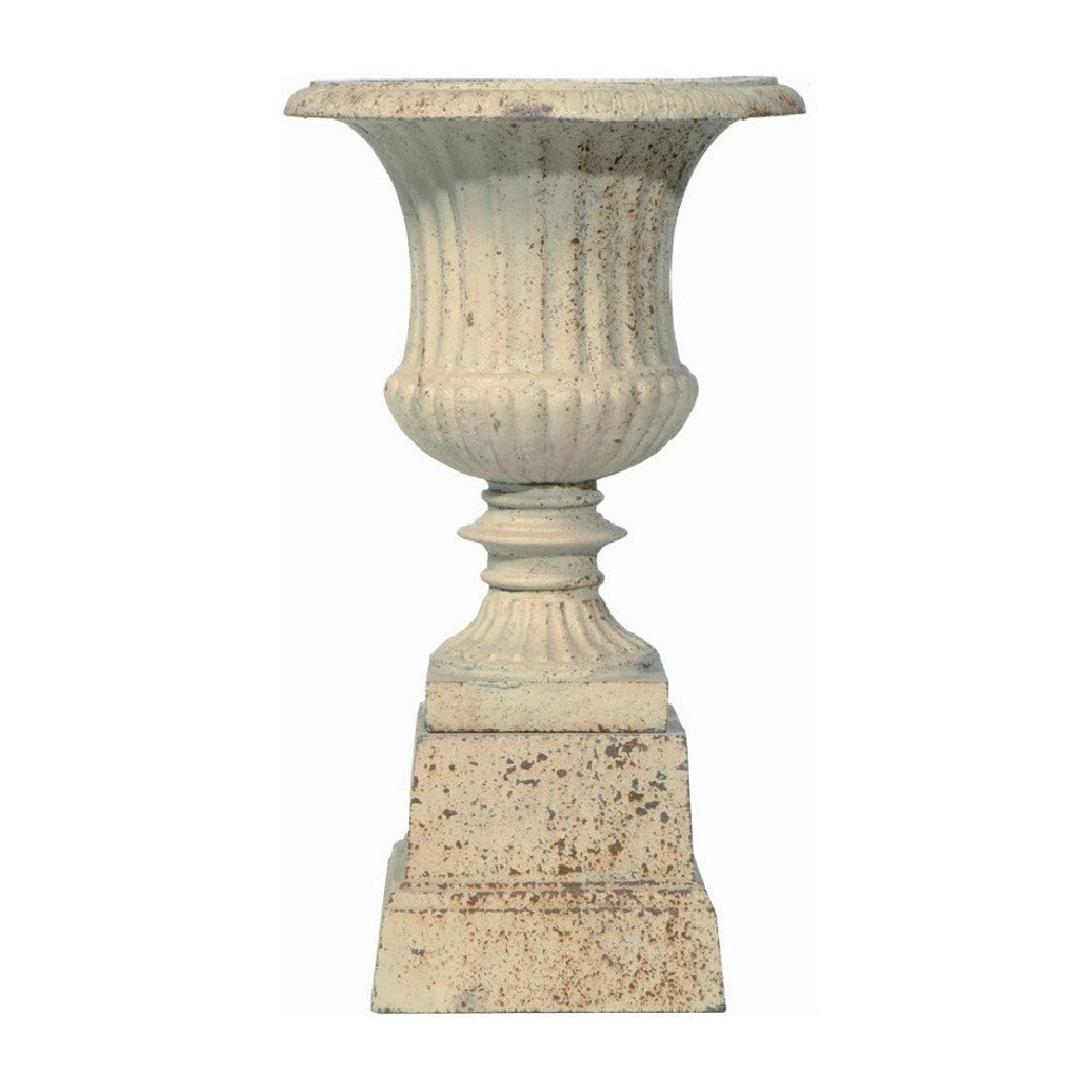 Stately Iron Cylindrical Urn on Pedestal 100cms - Antique White