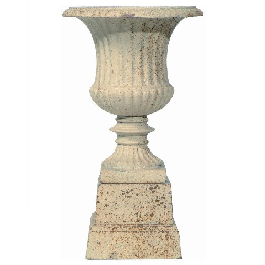 Stately Iron Cylindrical Urn on Pedestal 140cms - Antique White