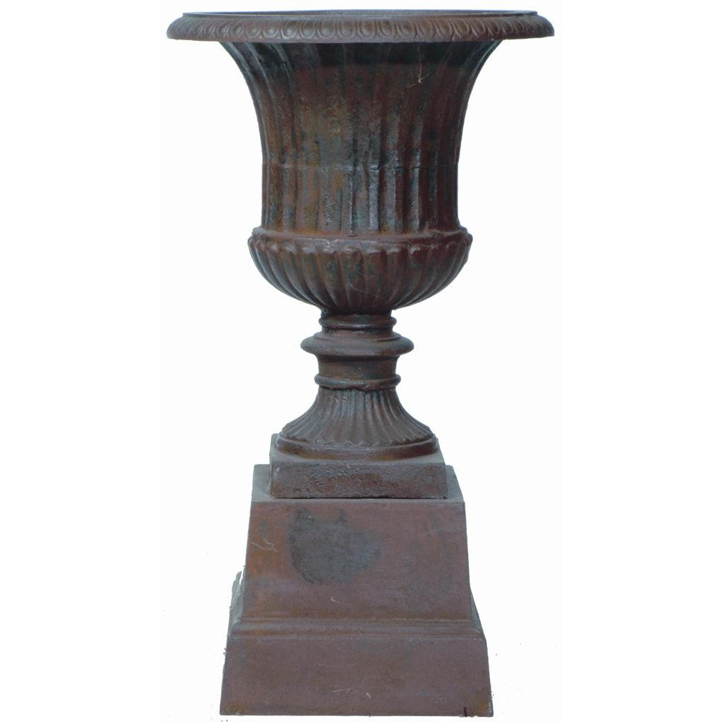 Stately Iron Cylindrical Urn on Pedestal 140cms - Antique Rust