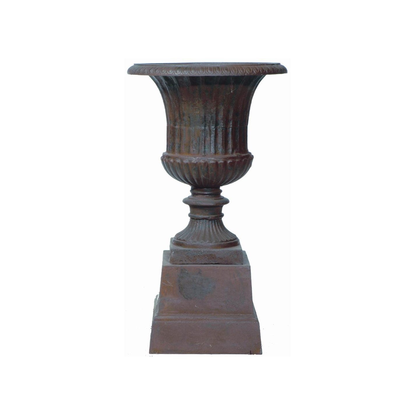 Stately Iron Cylindrical Urn on Pedestal 38cms - Antique Rust