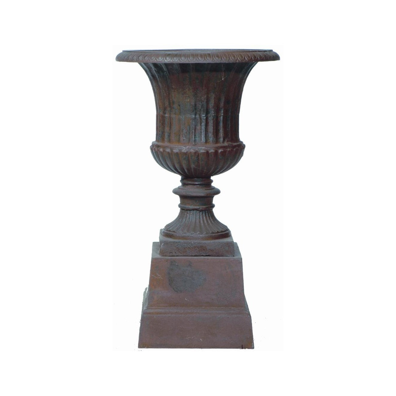 Stately Iron Cylindrical Urn on Pedestal 50cms - Antique Rust