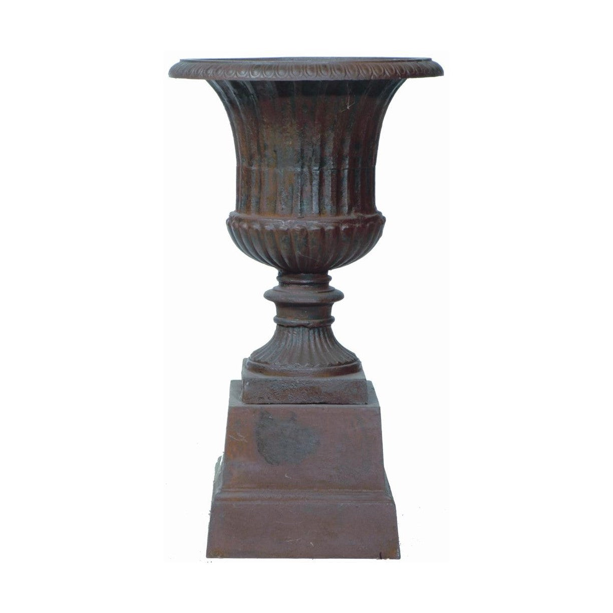 Stately Iron Cylindrical Urn on Pedestal 68cms - Antique Rust