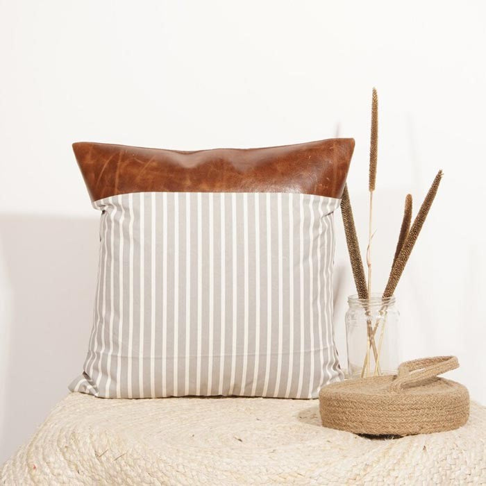 Striped Cotton Leather Patched Cushion Cover 45 x 45cms