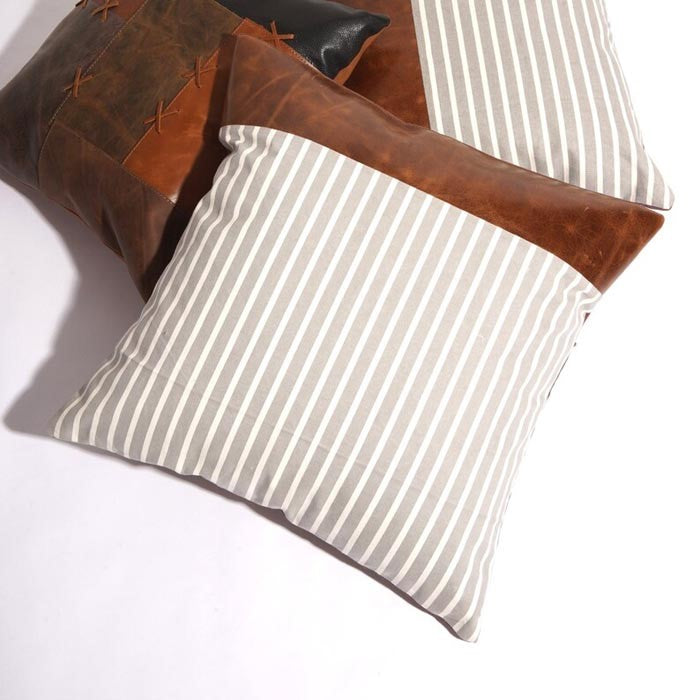 Striped Cotton Leather Patched Cushion Cover 45 x 45cms