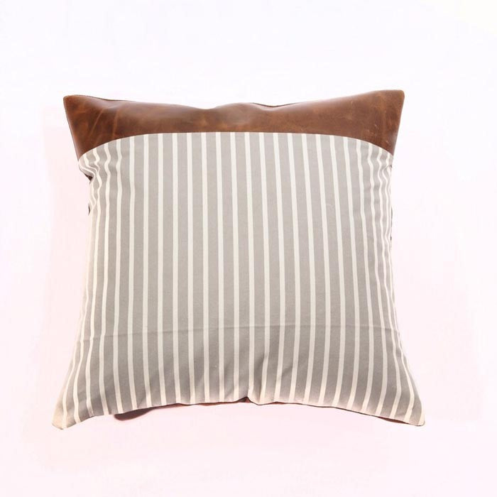 Striped Cotton Leather Patched Cushion Cover 45 x 45cms