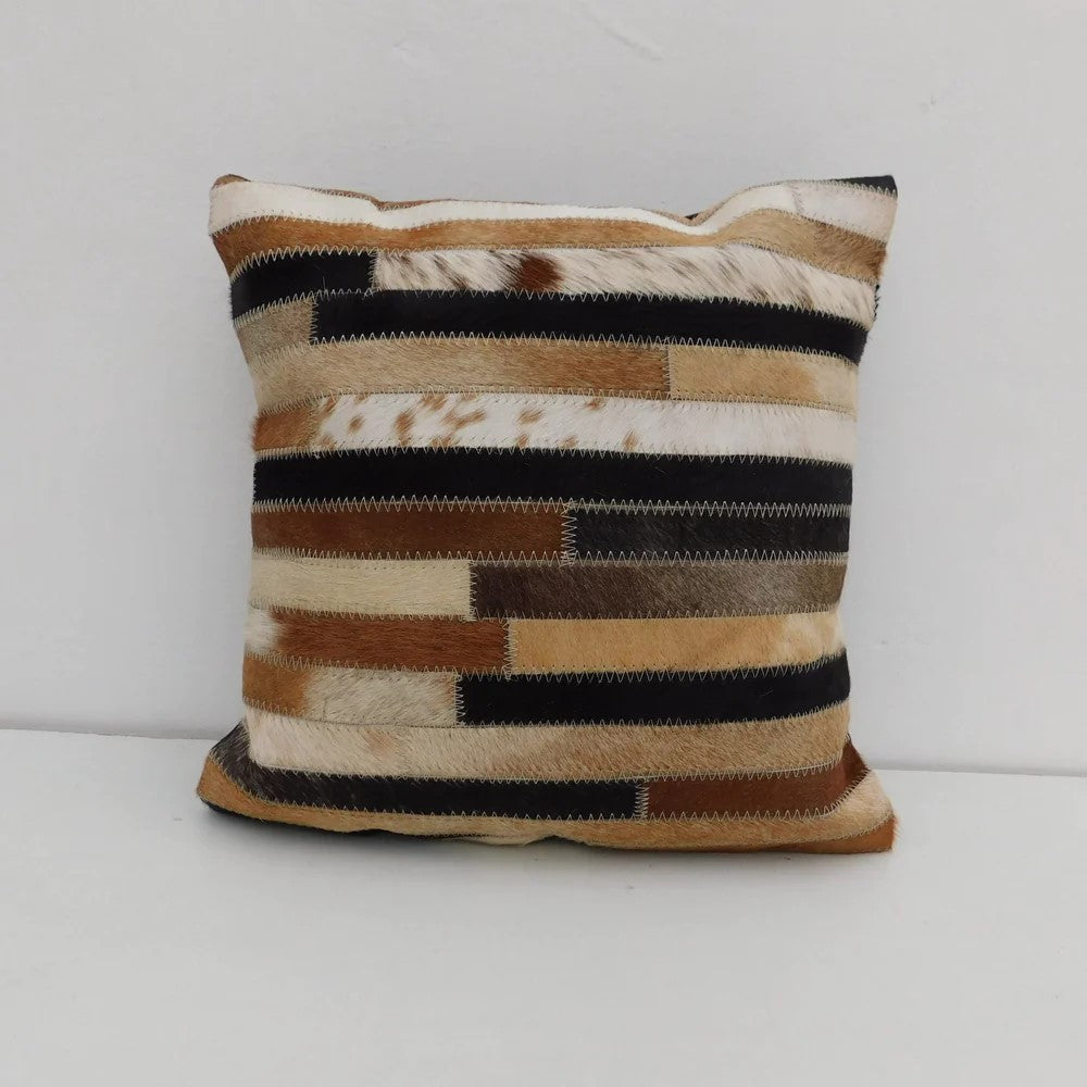 Striped Pattern Cowhide Patched Cushion Cover 40 x 40cms