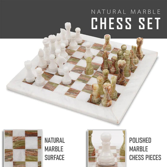 Stunning Marble 38cm Chess Set with Storage Box - Green & White