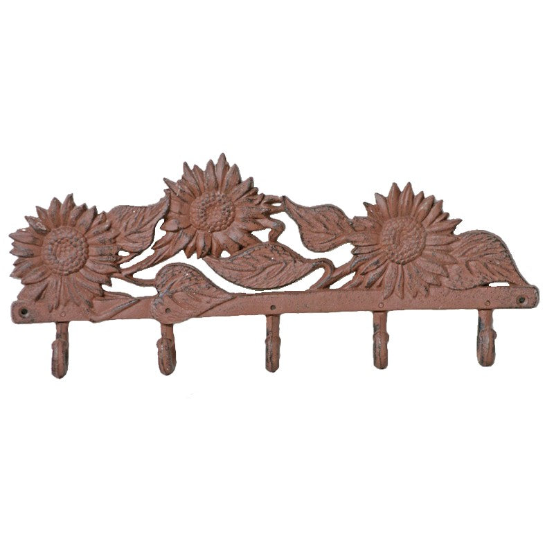 Sunflowers Cast Iron Wall Hanging 5 Hooks - Antique Rust