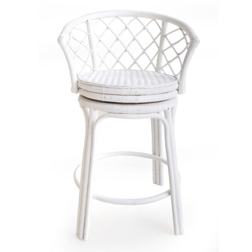 Swivel Rattan Wooden Kitchen Bar Stool - White