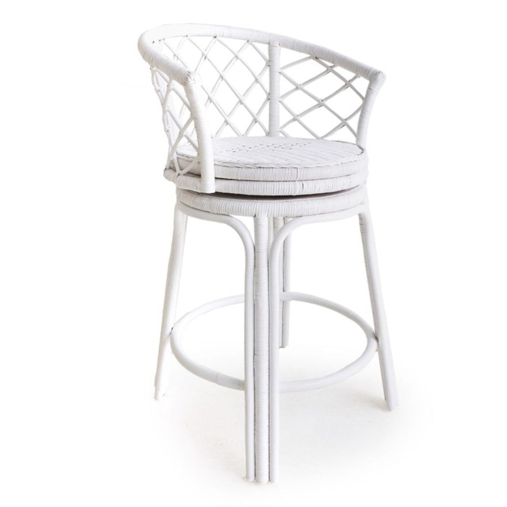 Swivel Rattan Wooden Kitchen Bar Stool - White