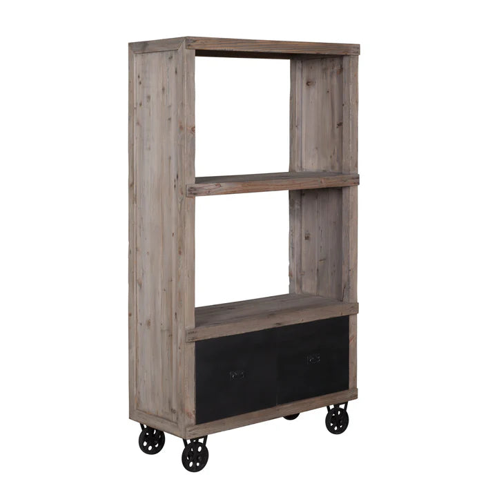 Industrial Bookshelf with Drawers On Wheels - Weathered Oak