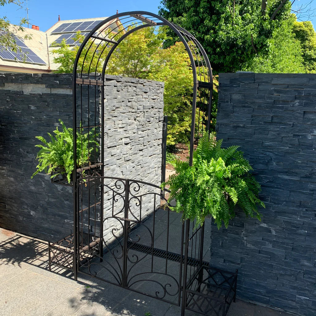 Timeless Trellis Garden Arch Gateway with Gate & Planters