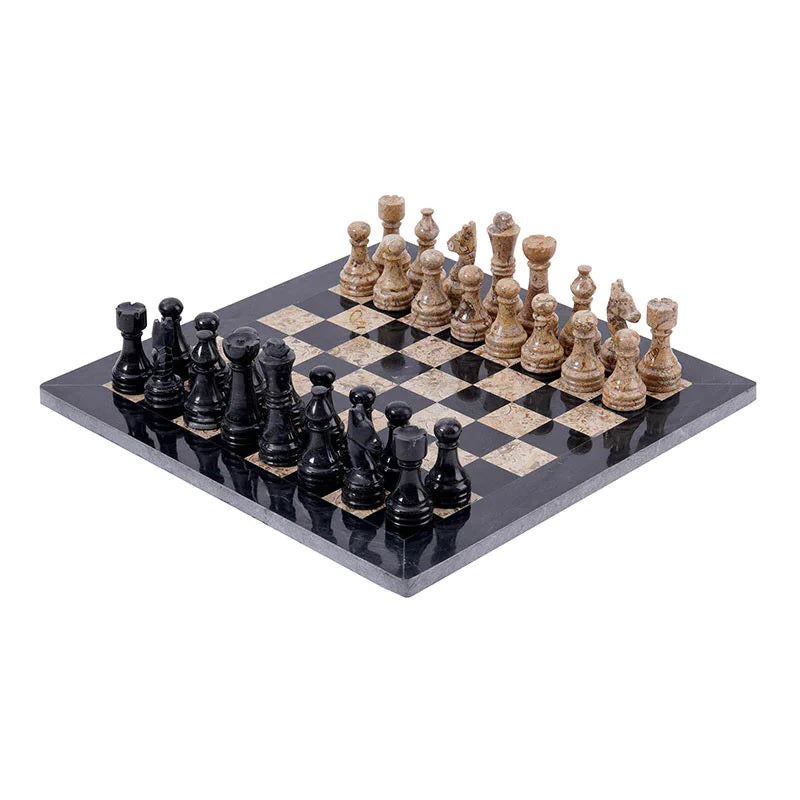 Traditional Handmade Marble Chess Set 30cms - Black & Coral