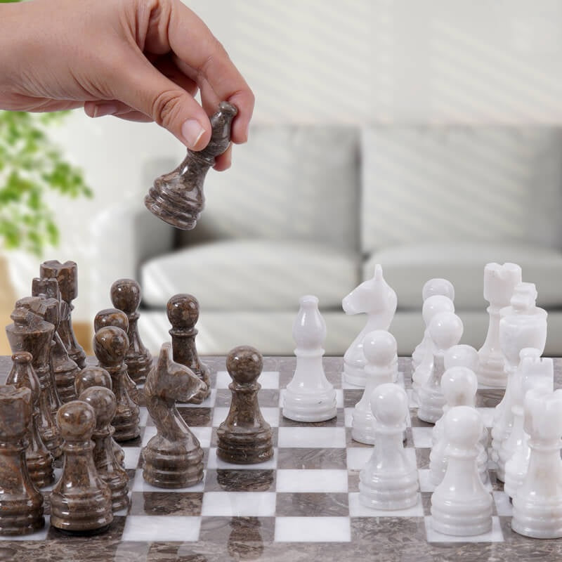 Traditional Handmade Marble Chess Set 30cms - Oceanic & White