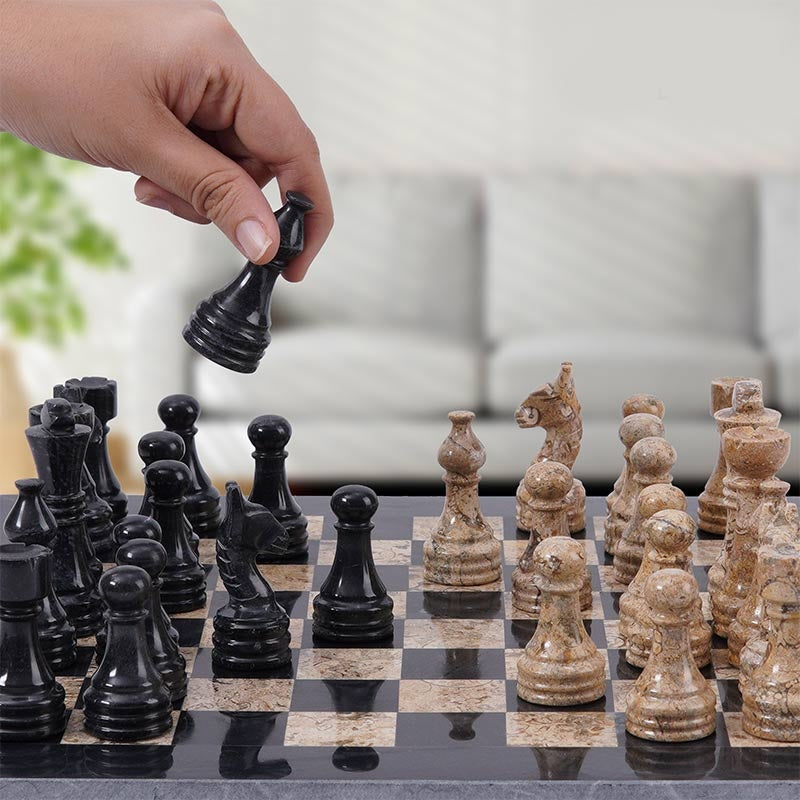 Traditional Handmade Marble Chess Set 30cms - Black & Coral