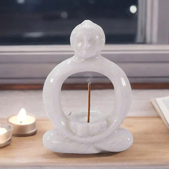 Tranquil Serenity Marble Buddha Incense Holder - White