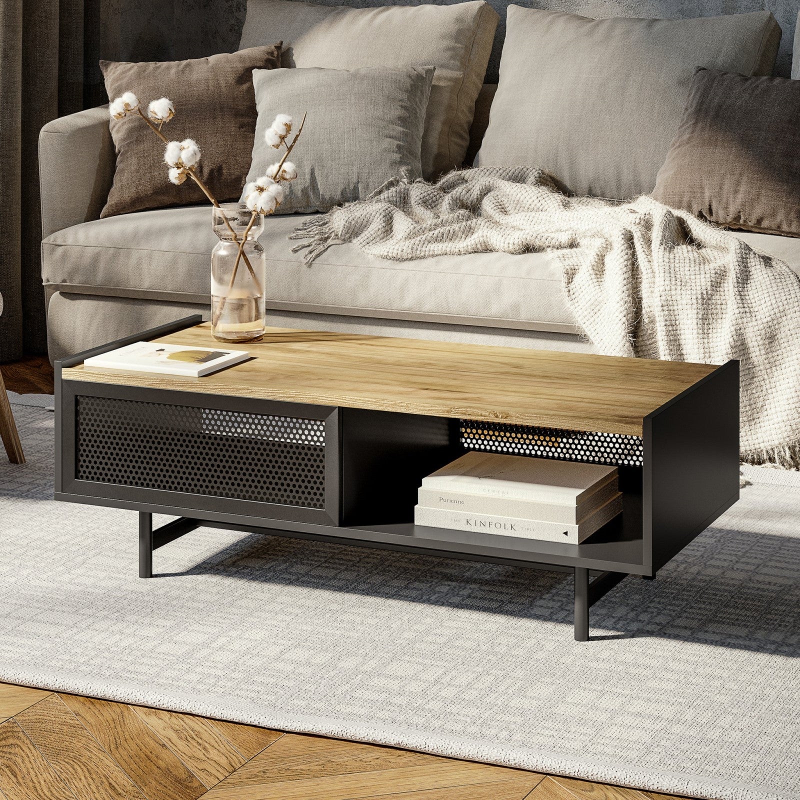 Black and Natural Engineered Wood Urban Style Coffee Table