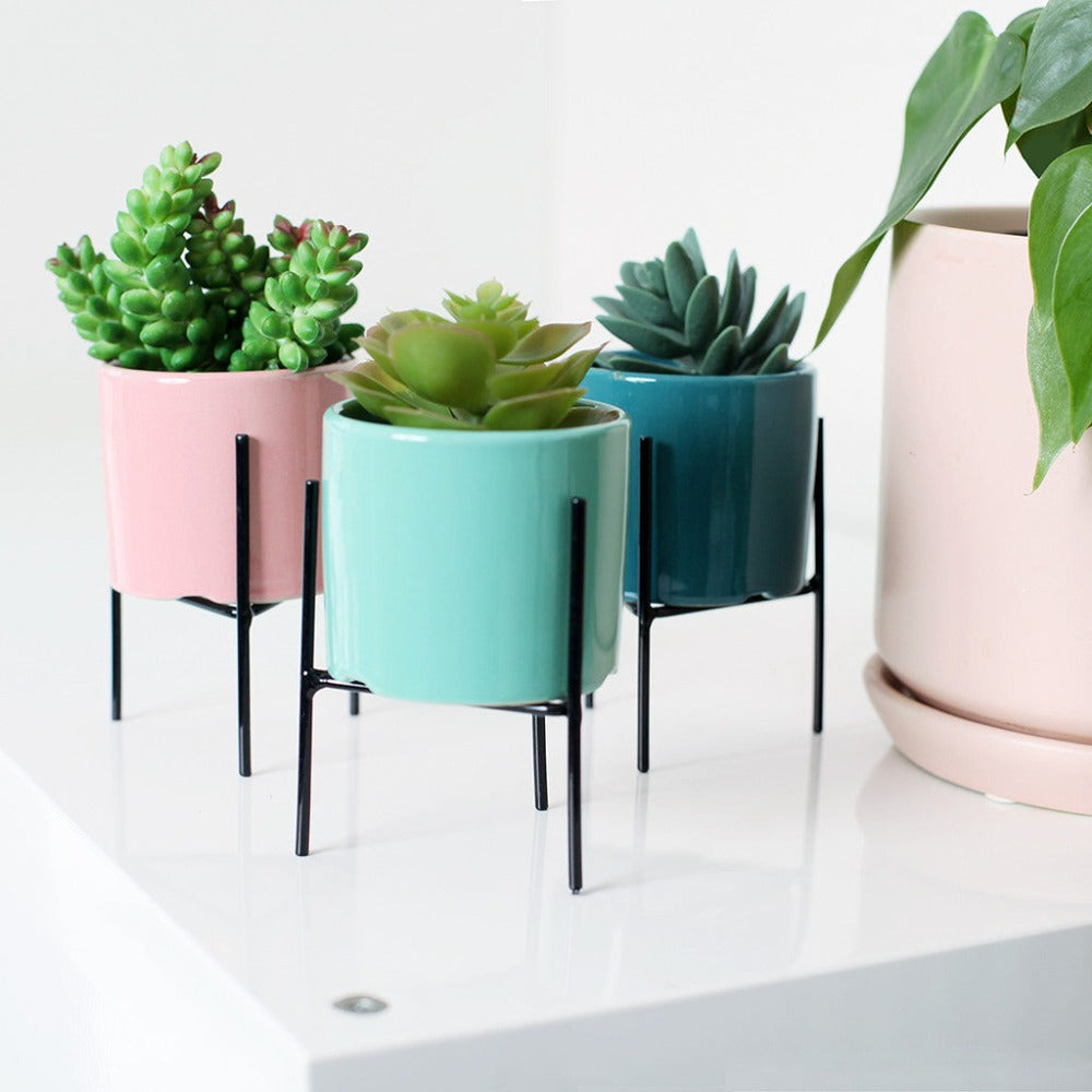 Unique Mini Planters on Metal Stand - Set of 2