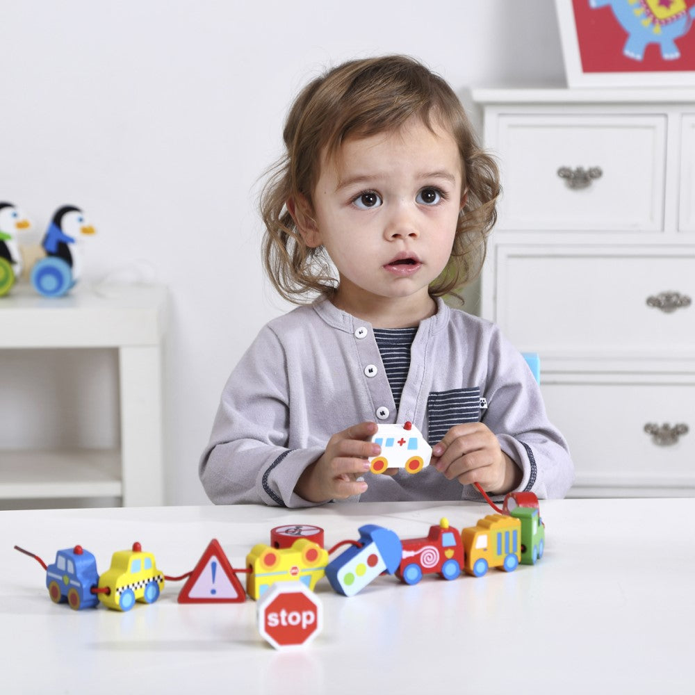 Vehicles Laced Wooden Blocks Play Toy