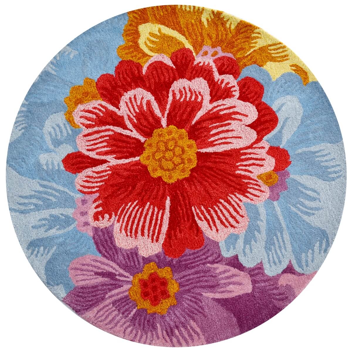 Vibrant Flowers Woolen Rug - Round